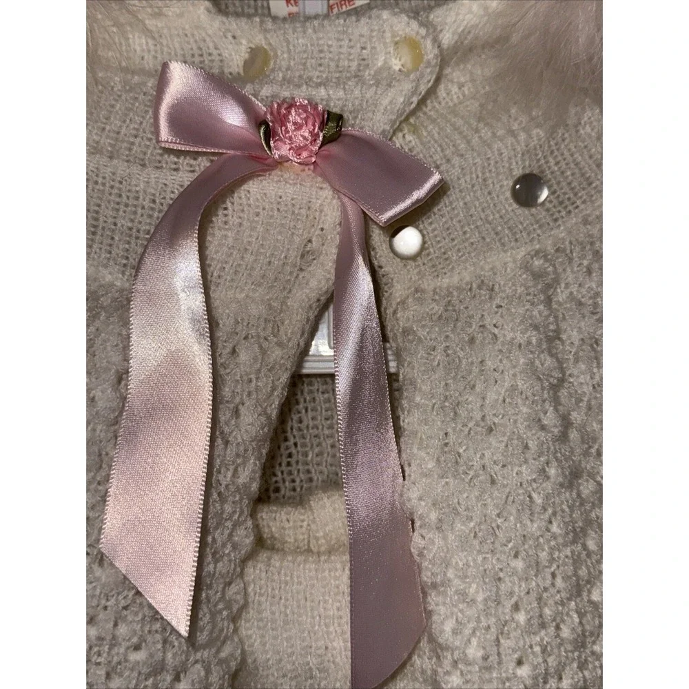Vtg Baby Sweater 2 Pc Outfit Hooded Feathers White Pink Rose Buds sz 12 Mo Flaw